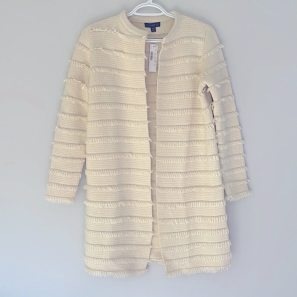 J. Crew Juliette Fringe collarless open front sweater NWT